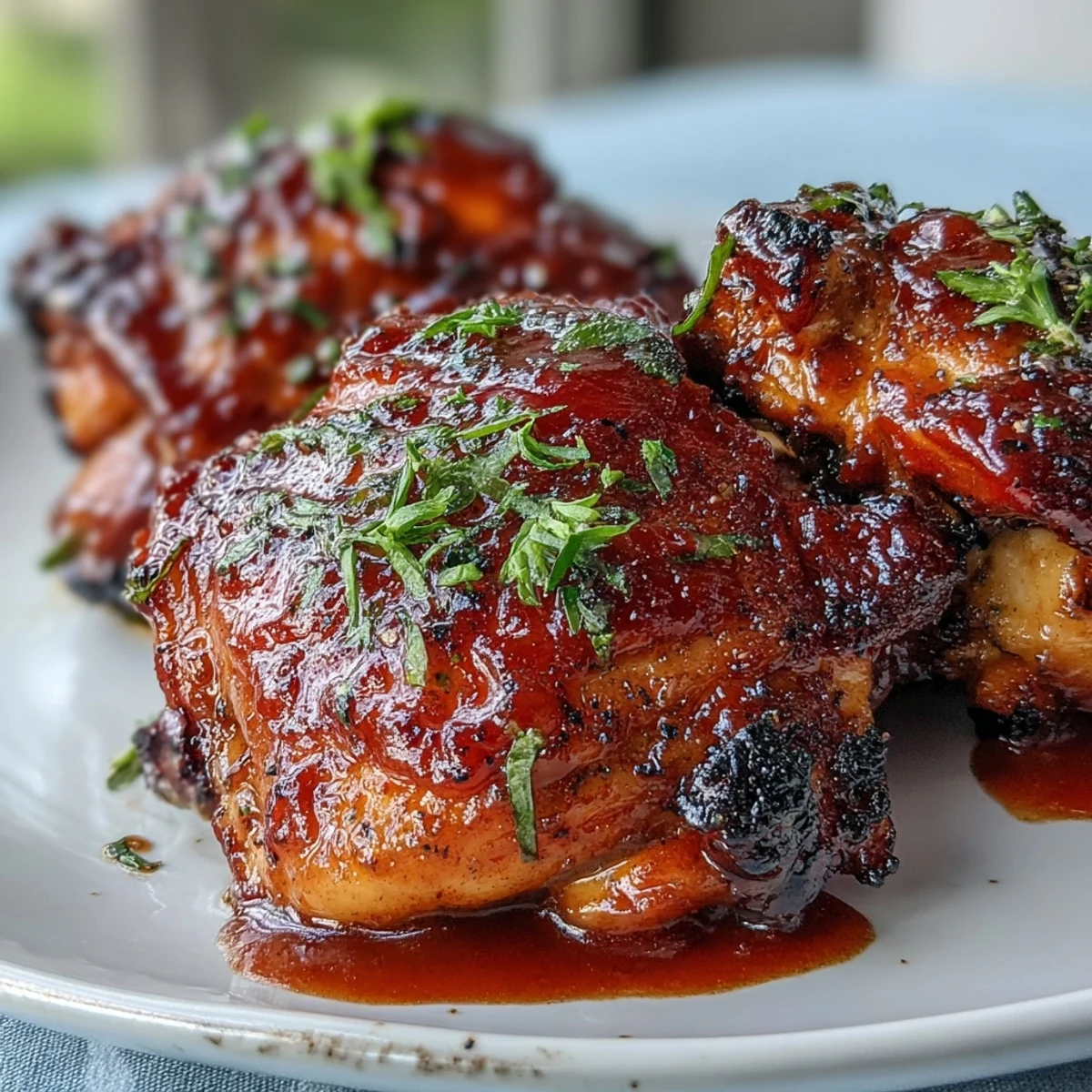 Tangy guava BBQ sauce glazed over juicy roasted chicken thighs, fresh from the oven.