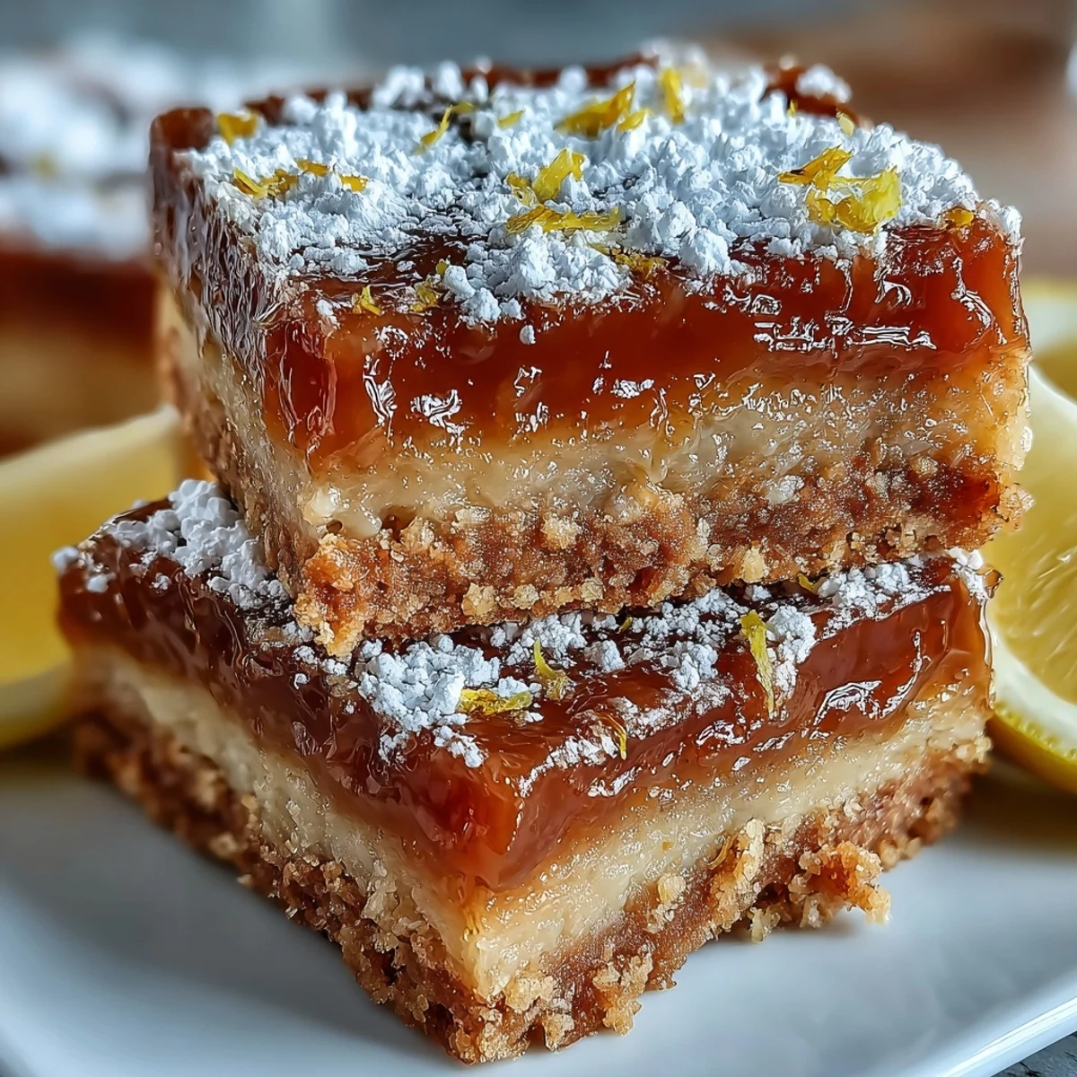 Cooling Earl Grey Tea, Guava, and Lemon Bars sit on a marble counter, ready to be sliced into neat, colorful squares.
