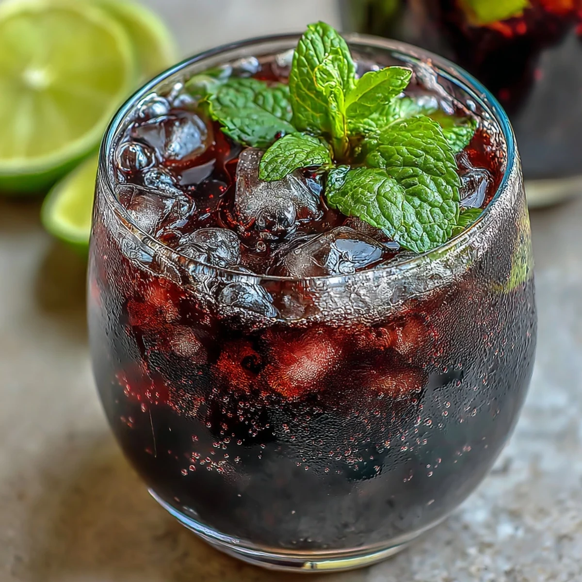 Freshly muddled mint and lime sit at the base of a glass, ready for a Black Currant Mojito.