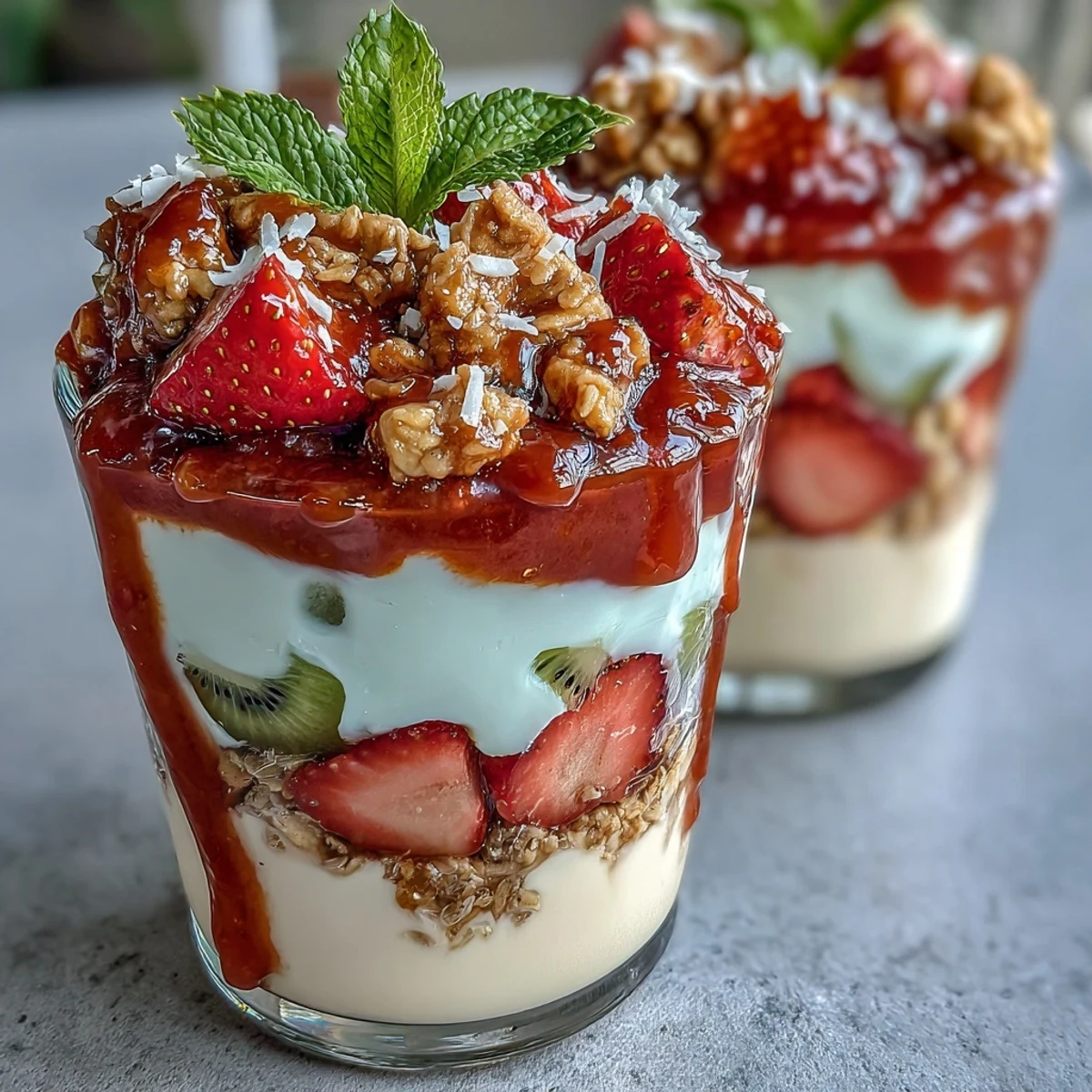 Clear glass jars display layers of creamy Greek yogurt, glossy guava preserves, and crunchy granola topped with fresh strawberries and kiwi for this Guava-Flavored Yogurt Parfait.