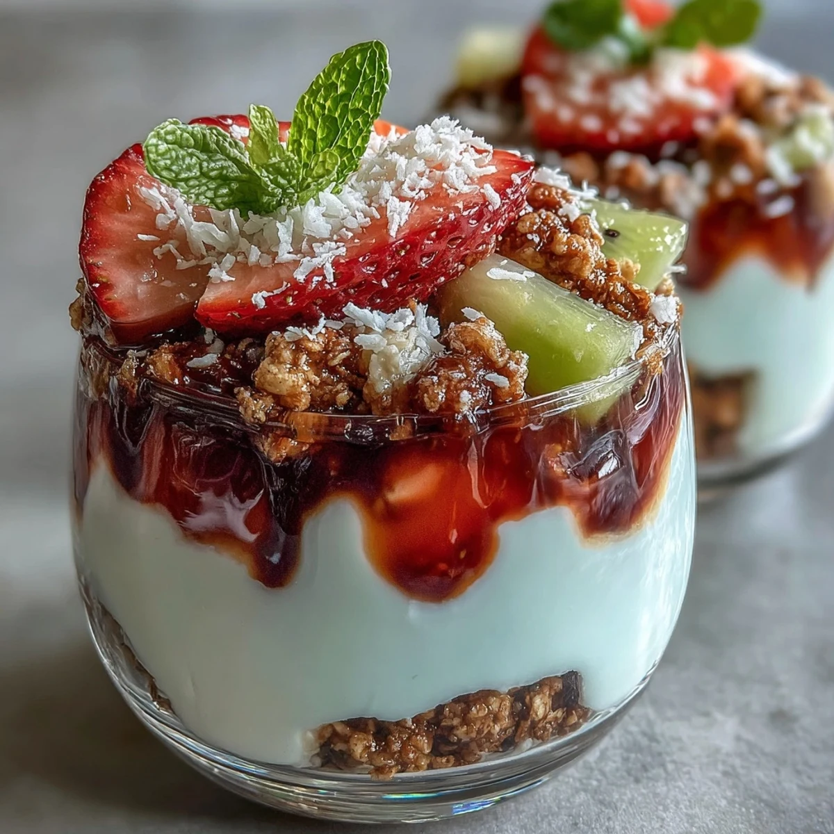 Four serving glasses of Guava-Flavored Yogurt Parfait topped with shredded coconut and fresh mint, set against a bright, sunny kitchen backdrop ideal for a tropical morning.