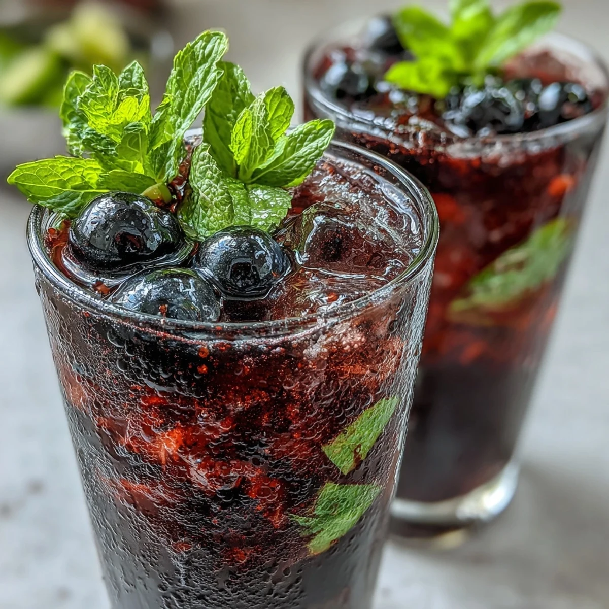Homemade Tangy Blackcurrant Mojito cocktail in a tall glass filled with ice cubes, fresh mint leaves, and lime wedges.