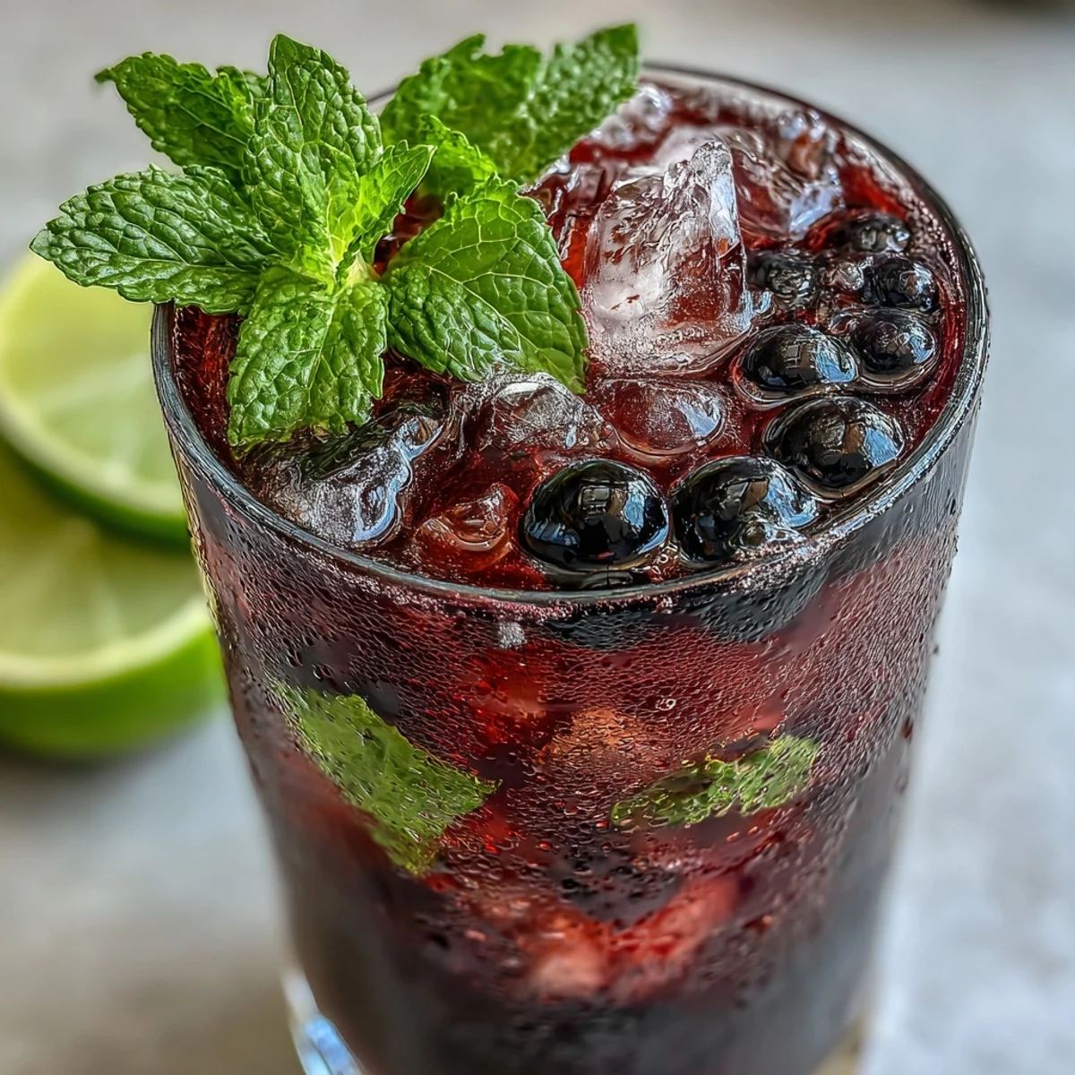 A vibrant Tangy Blackcurrant Mojito garnished with fresh mint and blackcurrants, served over ice for a refreshing summer sip.