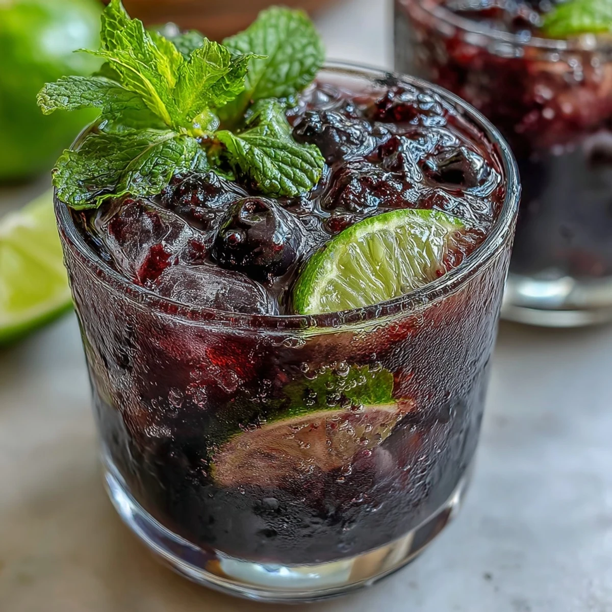 A refreshing Black Currant Mojito cocktail garnished with fresh mint and a lime wheel, served in a glass over crushed ice.