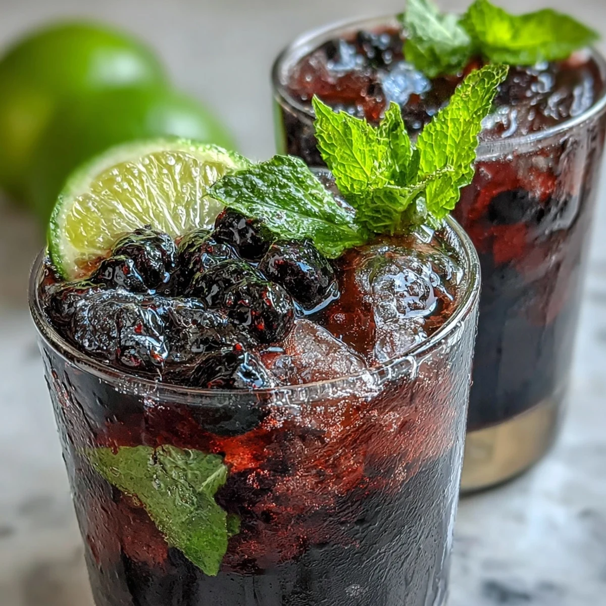 Black Currant Mojito in a tall glass featuring muddled mint, vibrant jam, and soda water, ready to enjoy on a summer day.