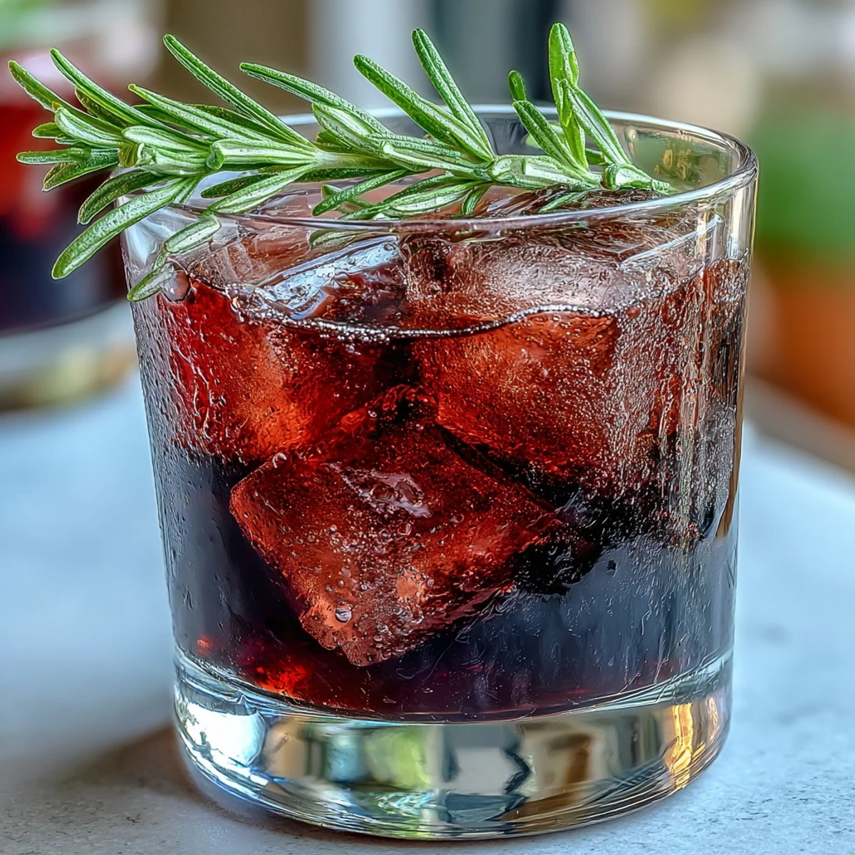 A moody photo showcases the deep purple hue of a Black Currant Rosemary Cocktail, garnished with rosemary and a lemon twist.