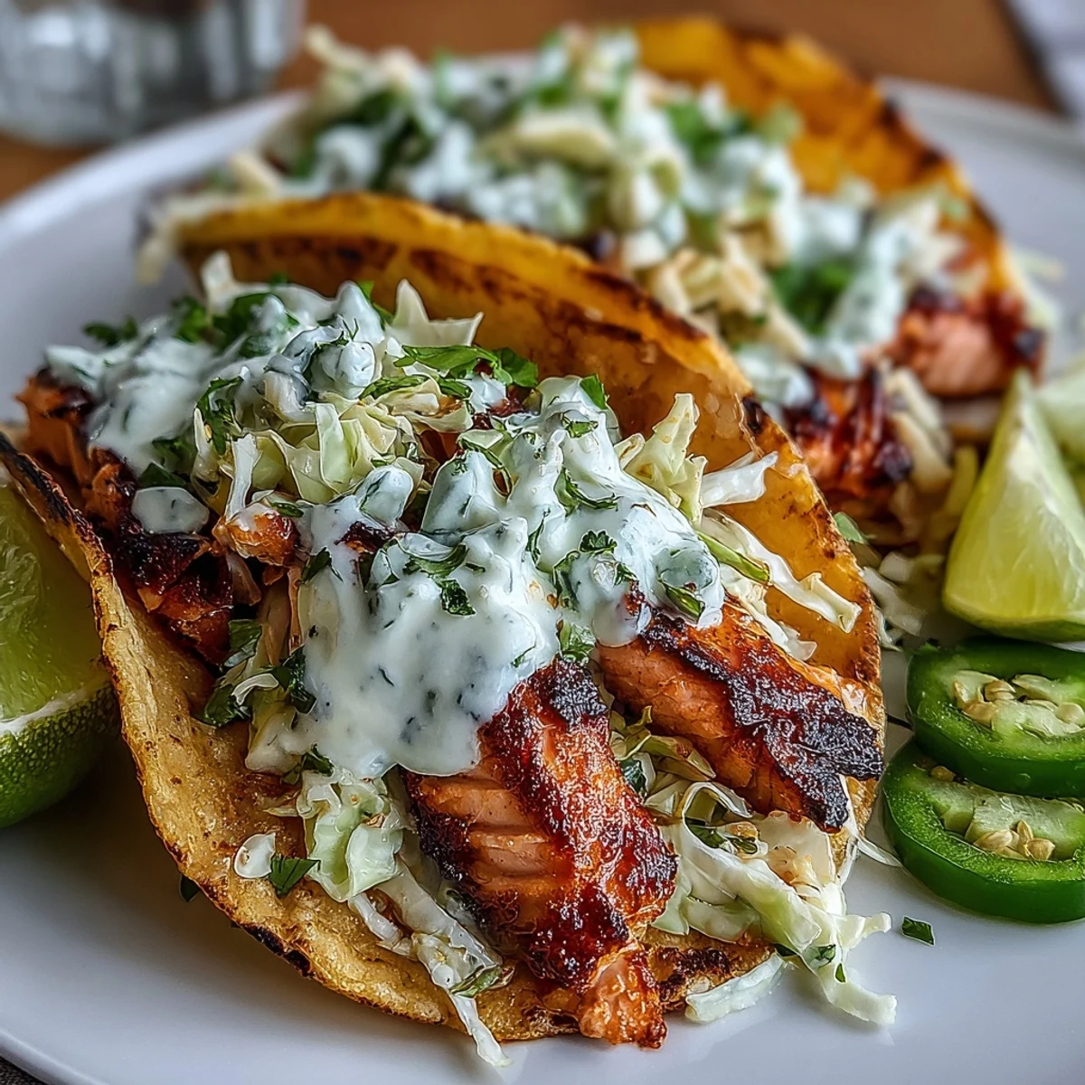 Golden-brown air fryer salmon fillets, seasoned with paprika and chili, nestled in warm corn tortillas for a quick meal.