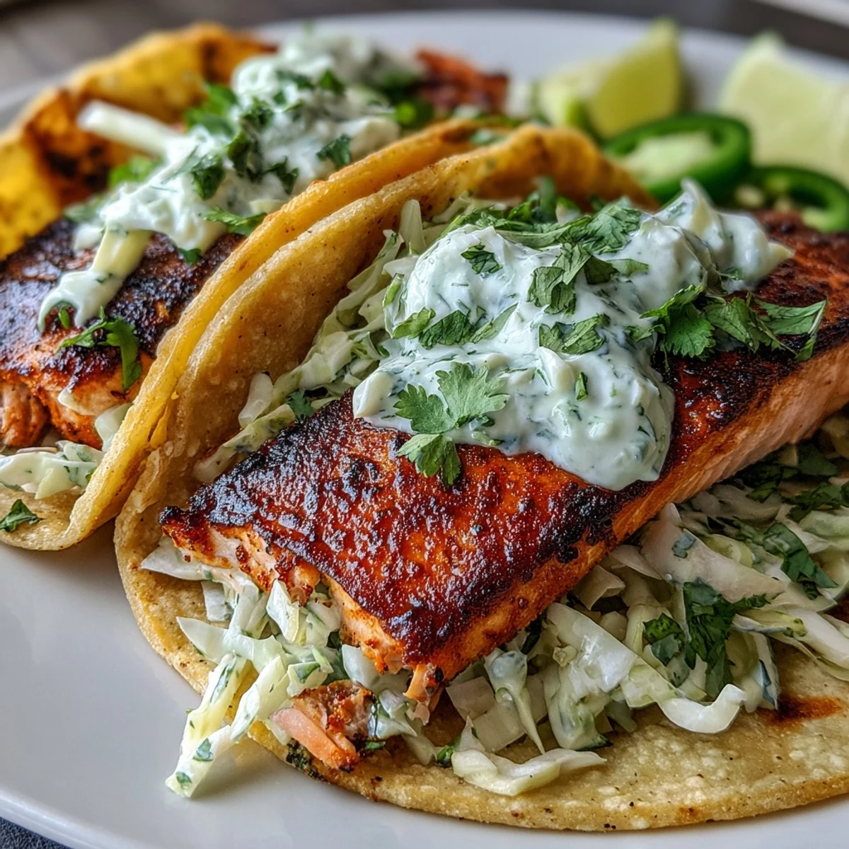 Crisp salmon tacos topped with a creamy lime and cilantro slaw, served on a rustic wooden board for dinner.