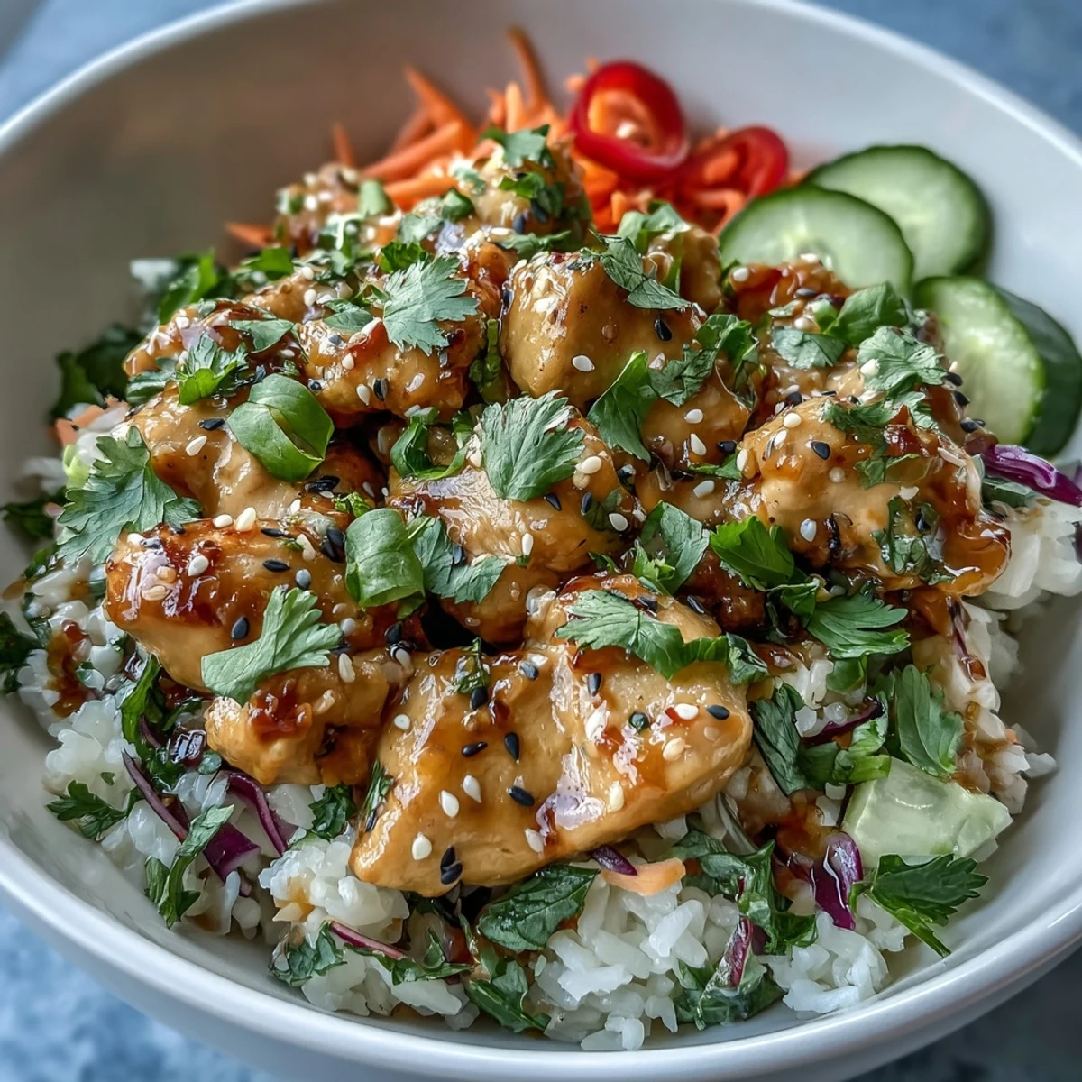 A vibrant Bang Bang Chicken Bowl with saucy chicken, crunchy carrots, and fresh cucumber over fluffy rice, drizzled with creamy spicy sauce.