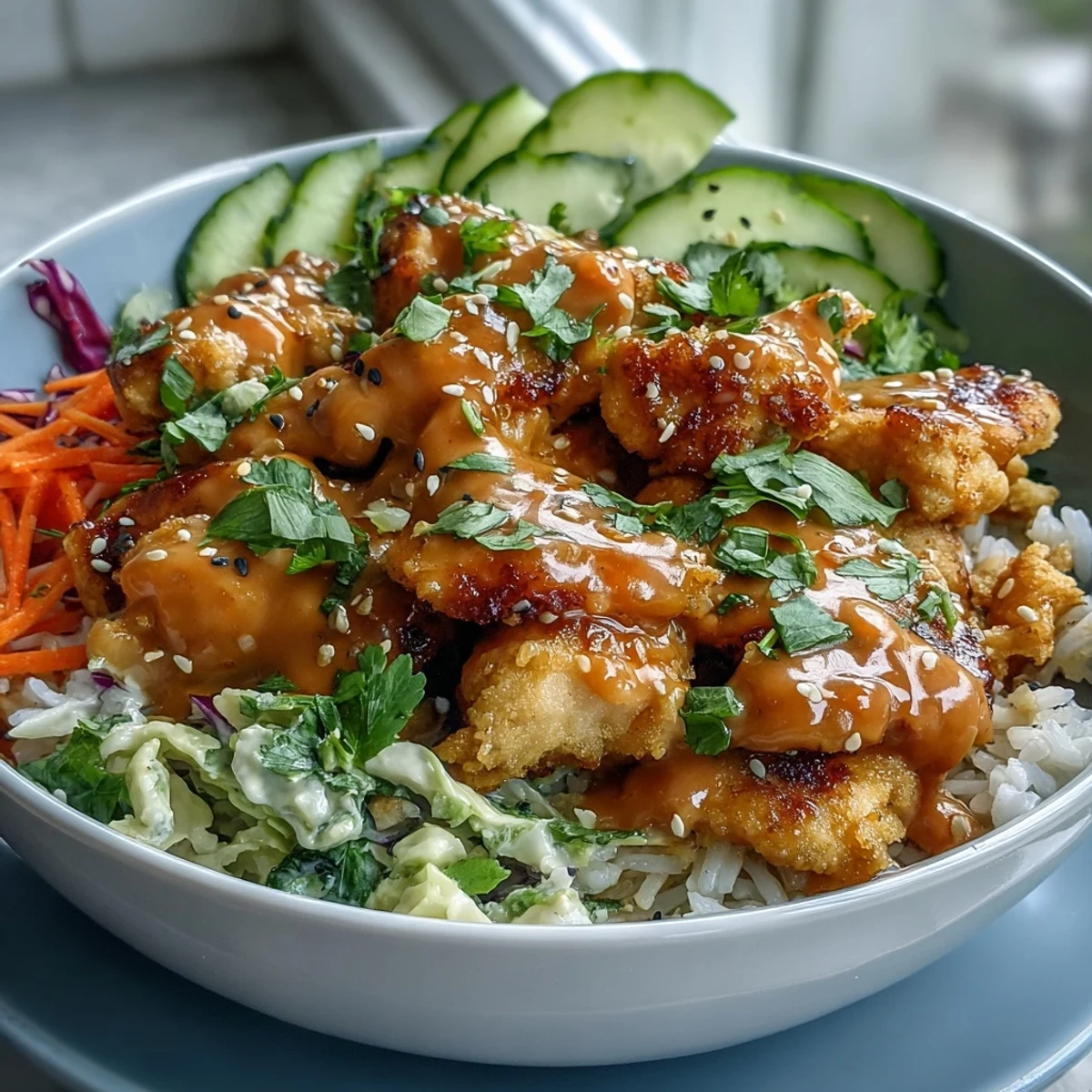 Overhead view of a Bang Bang Chicken Bowl featuring tender chicken, red cabbage, and green onions, garnished with sesame seeds and cilantro.