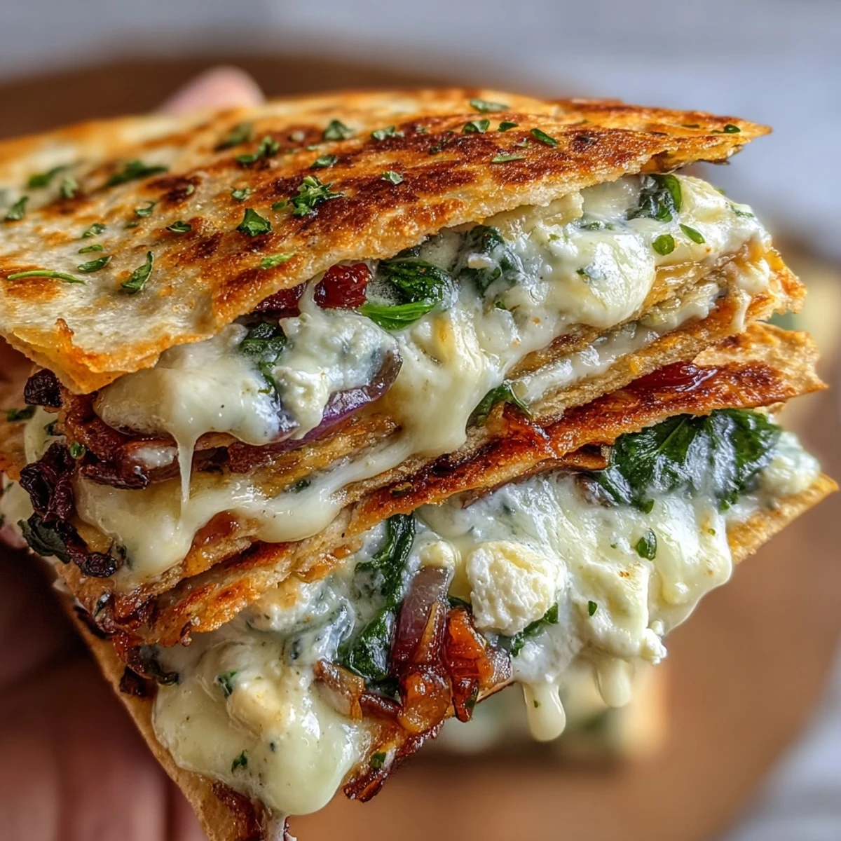 Golden-brown Mediterranean quesadillas filled with wilted spinach, crumbled feta, and melty mozzarella on a white plate.