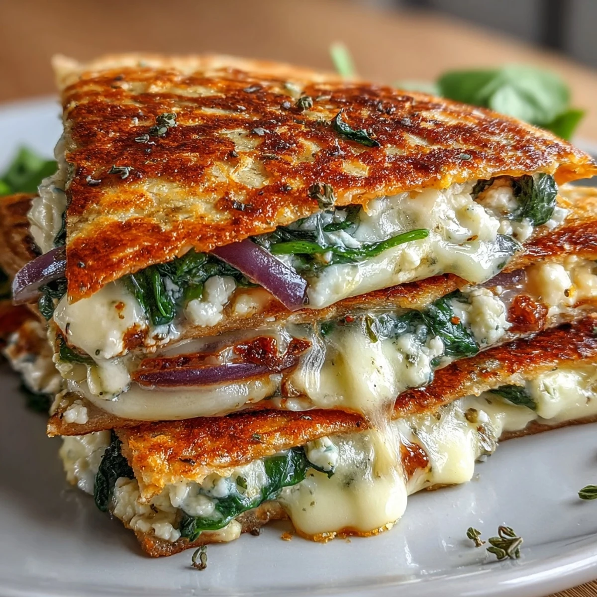 Freshly cooked Mediterranean quesadillas on a skillet with fresh spinach and feta cheese, ready to serve.