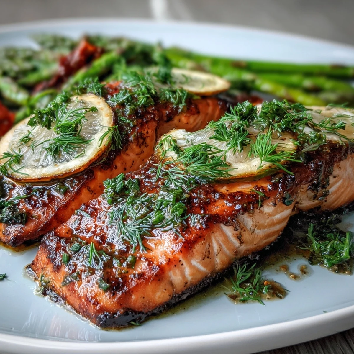 Golden-baked Marry Me Salmon fillets brushed with garlic-lemon marinade, flaking tenderly and garnished with fresh dill on a rustic platter.