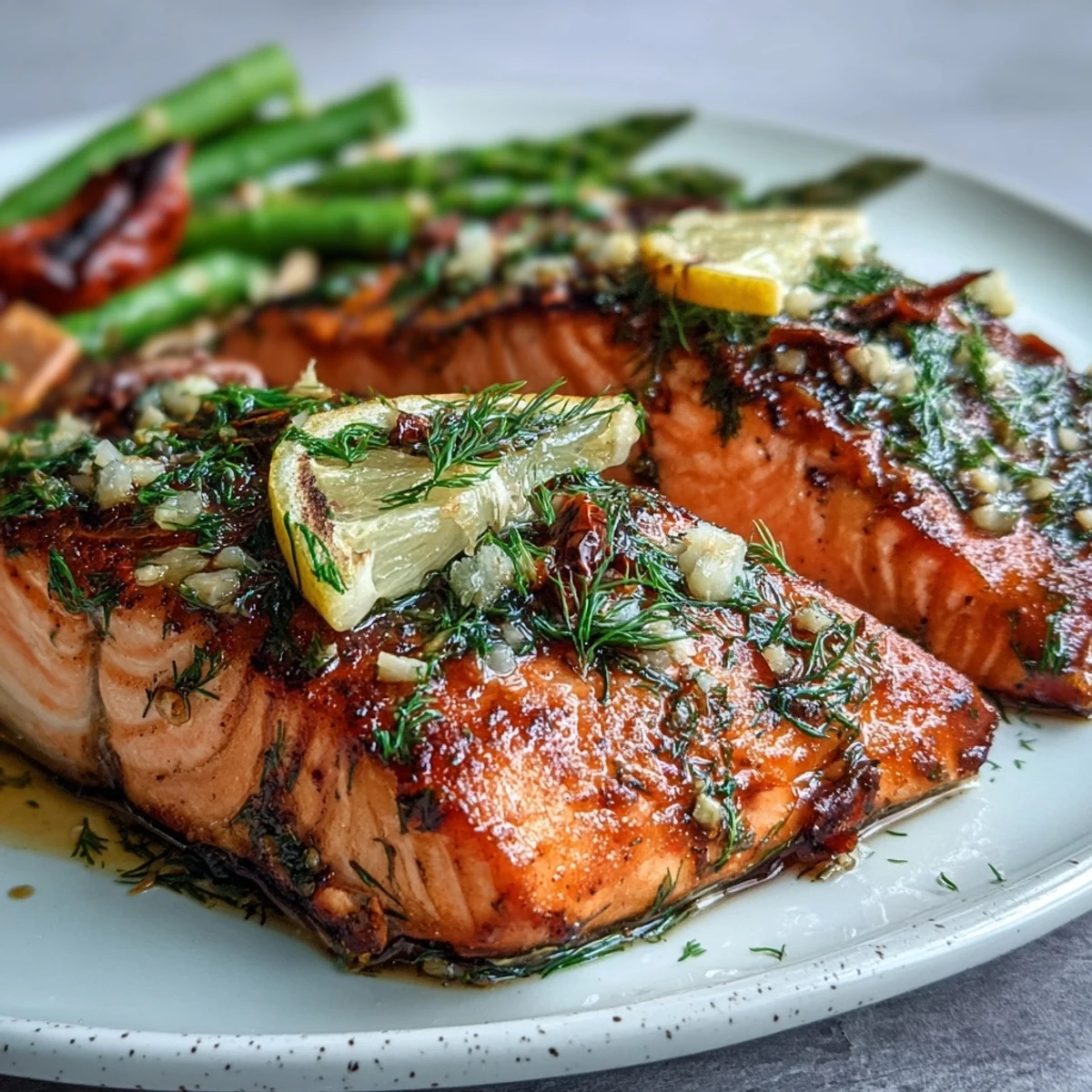 Close-up of juicy Marry Me Salmon, fresh from the oven, showcasing glossy herbs and vibrant lemon wedges for a romantic meal.