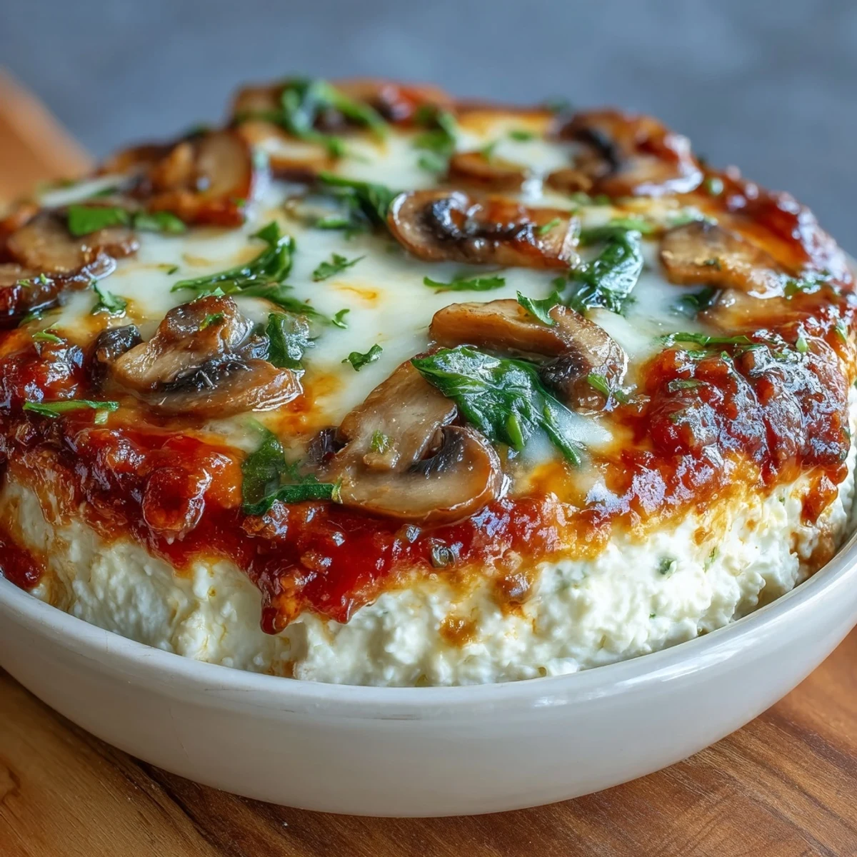 Golden, bubbly mozzarella melts over a hearty Cottage Cheese Pizza Bowl with bell peppers and mushrooms.