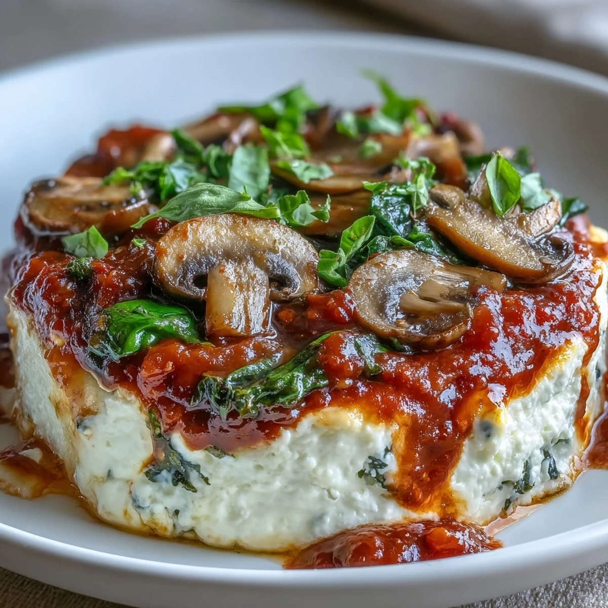 A baked Cottage Cheese Pizza Bowl with marinara, spinach, and mozzarella served in a white dish.
