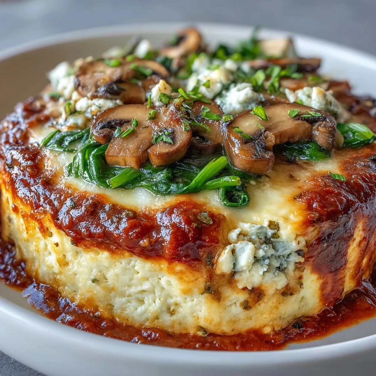 A low carb Cottage Cheese Pizza Bowl topped with fresh basil, olives, and colorful vegetables, ready to eat.