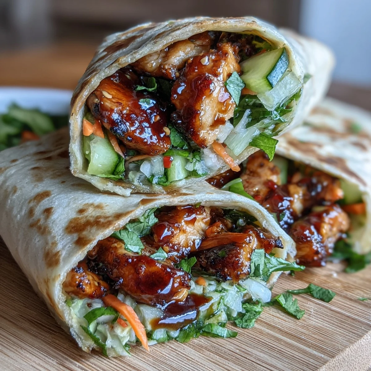 Freshly prepared Sweet Chili Chicken Wraps garnished with cilantro and served with lime wedges for squeezing.