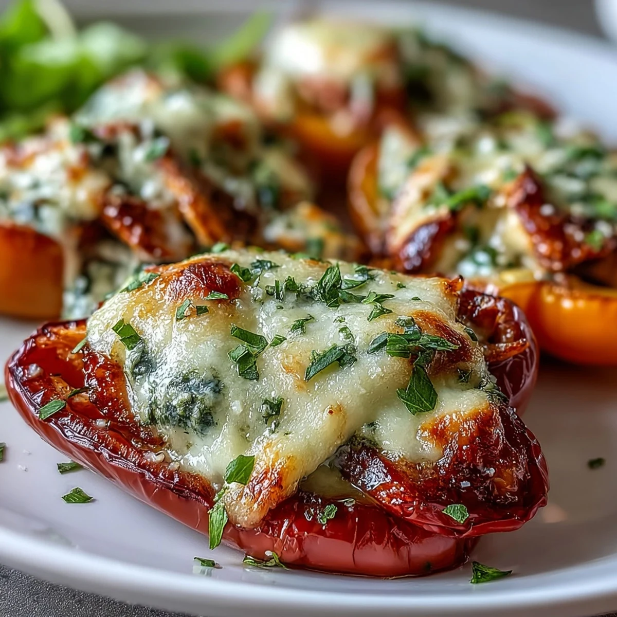 Golden-baked Pesto Chicken Stuffed Sweet Peppers with melted mozzarella, served warm on a rustic plate.