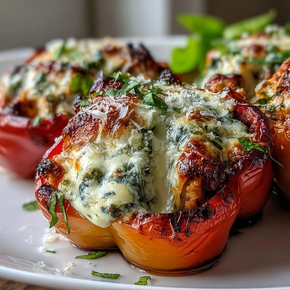 A close-up view of creamy pesto chicken filling inside tender mini sweet peppers, topped with Parmesan.