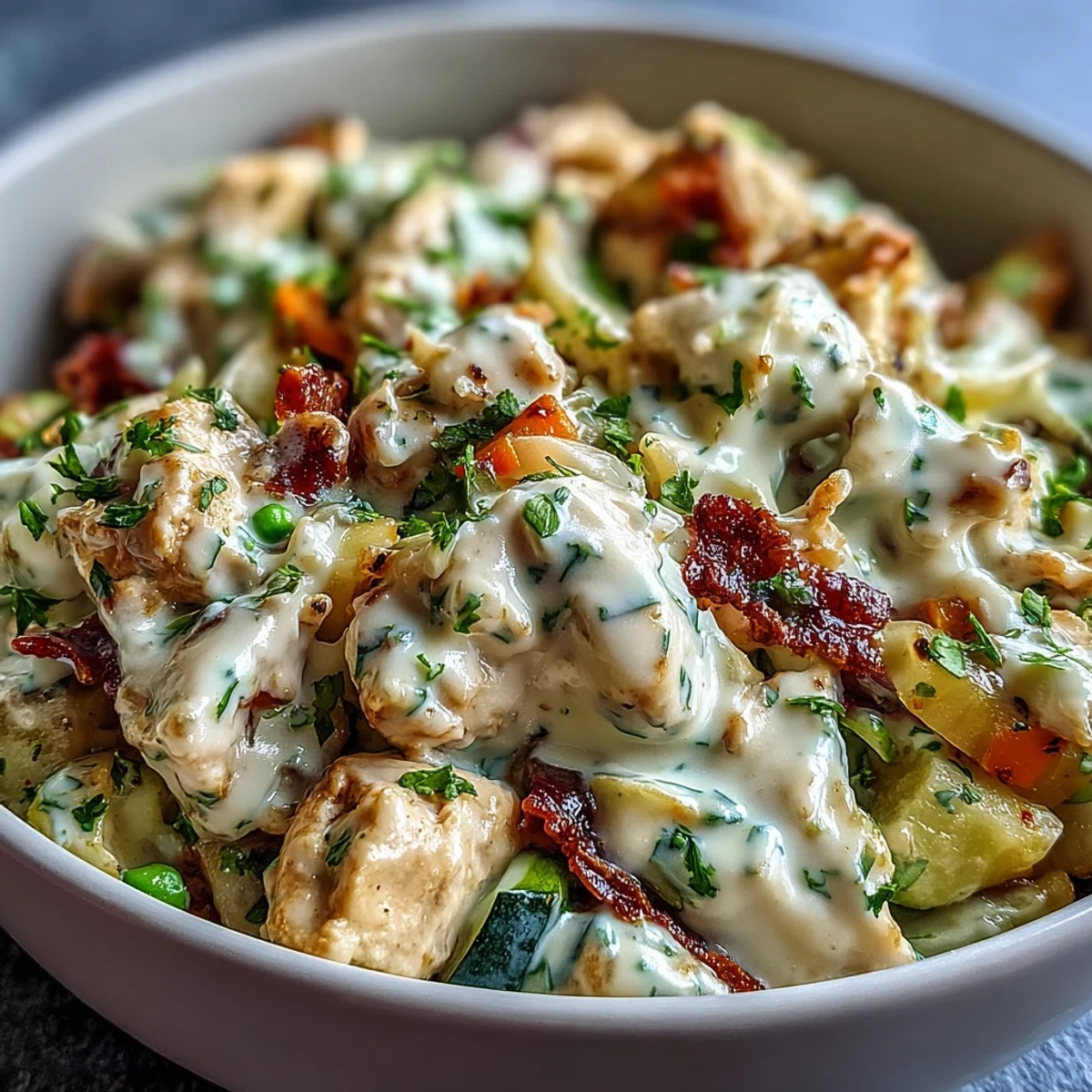 A hearty family dinner of ground turkey and zesty ranch-seasoned vegetables in a creamy skillet, perfect for a quick and easy weeknight meal.