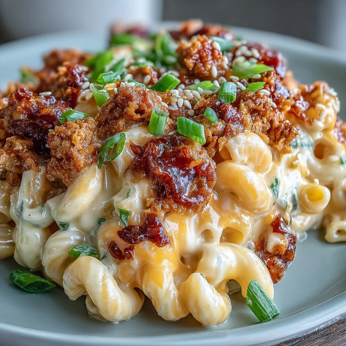 Golden, creamy Korean-Style Turkey Mac & Cheese is served warm in a rustic bowl, topped with savory meat and fresh scallions.