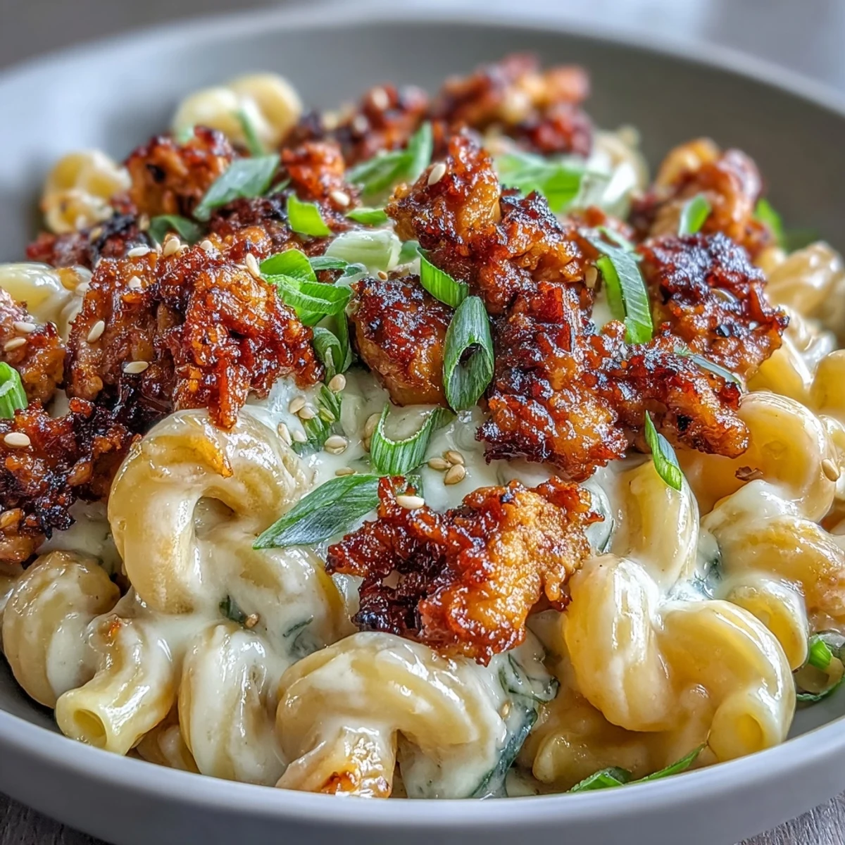 Steaming Korean-Style Turkey Mac & Cheese is garnished with sesame seeds and scallions, ready for a satisfying family dinner.