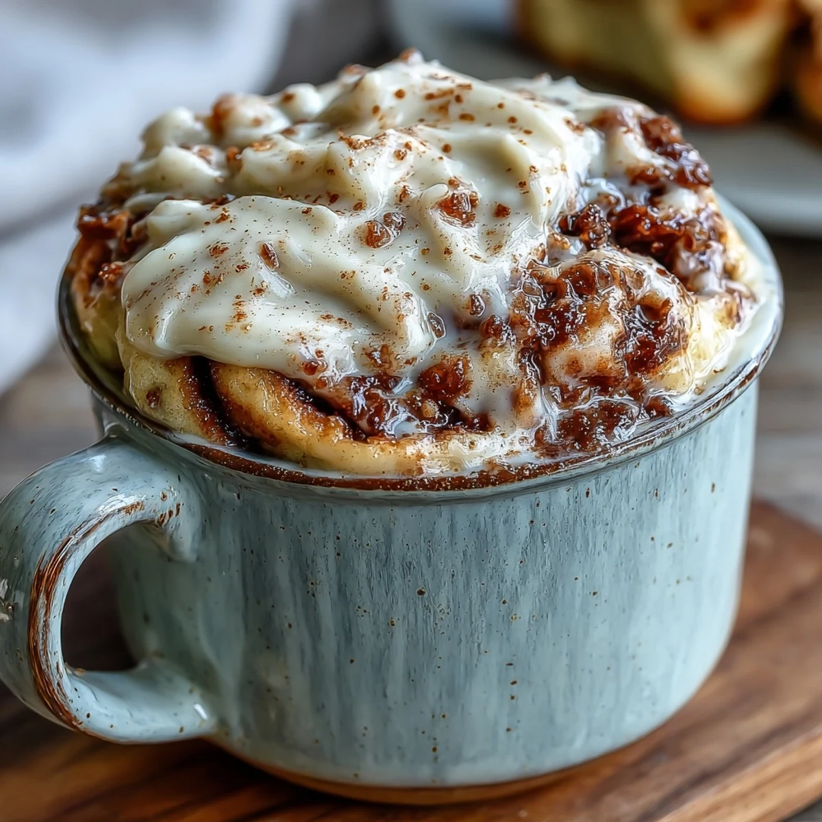 Freshly microwaved High-Protein Cinnamon Roll Mug Cake topped with creamy frosting and a visible cinnamon swirl, served ready to eat.