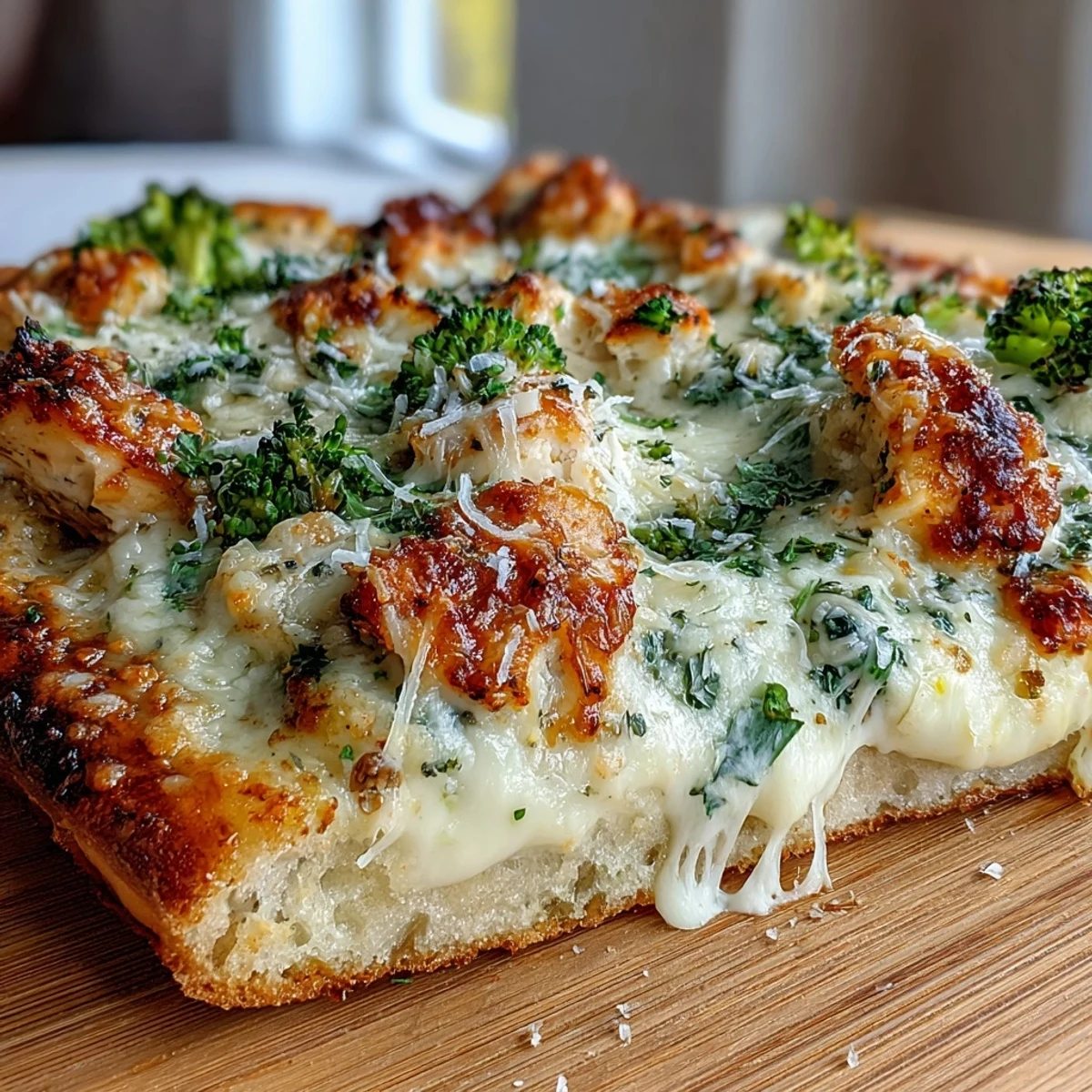 Golden-brown thin-crust Garlic Parmesan Chicken & Broccoli Pizza topped with melted mozzarella and fresh green florets.