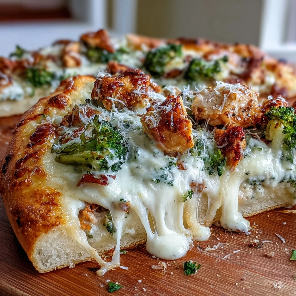 Slices of tender chicken and vibrant broccoli florets on a creamy Garlic Parmesan Chicken & Broccoli Pizza.
