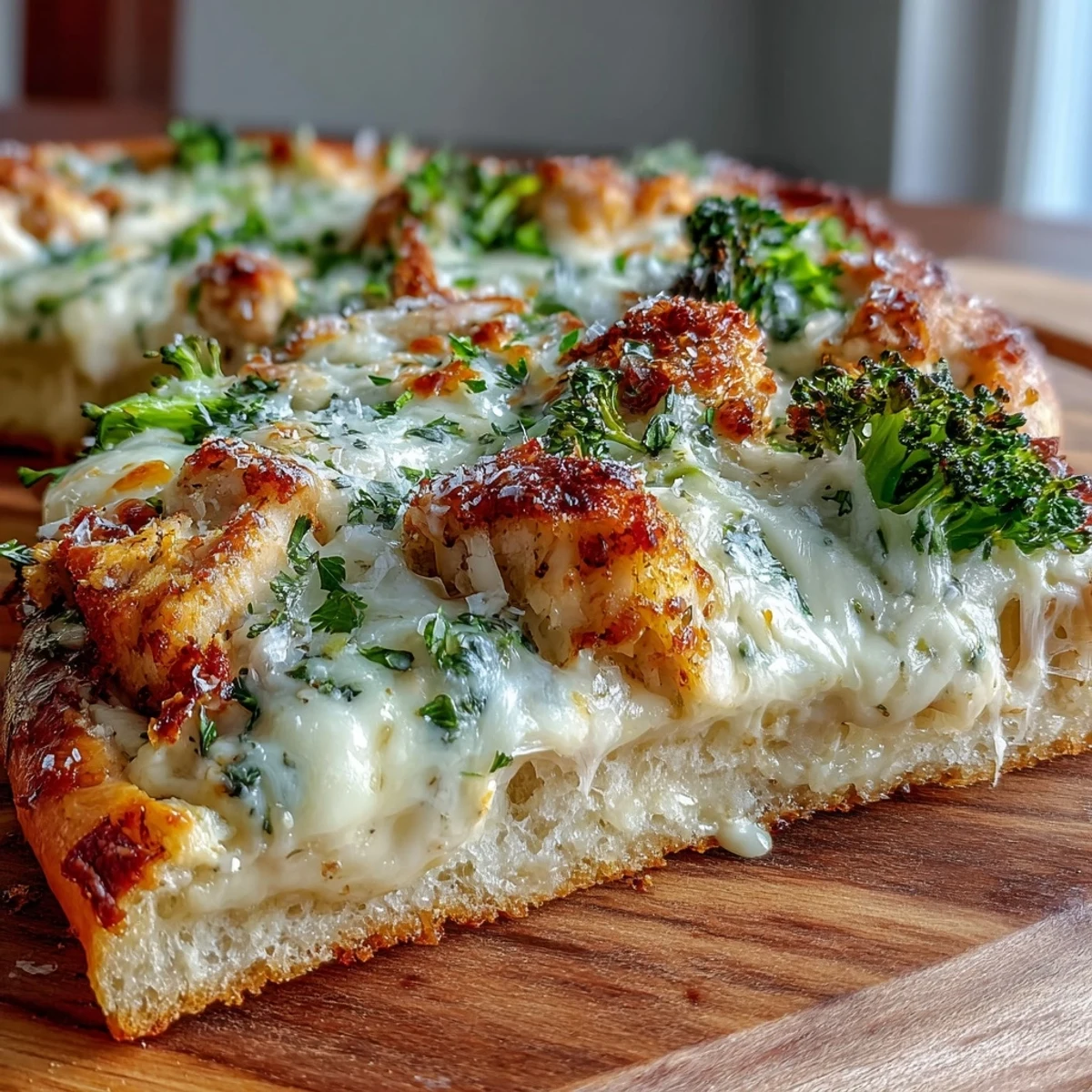 Freshly baked Garlic Parmesan Chicken & Broccoli Pizza with a golden crust, served hot and ready to slice.