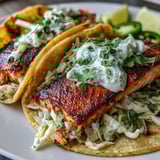 Crisp salmon tacos topped with a creamy lime and cilantro slaw, served on a rustic wooden board for dinner.