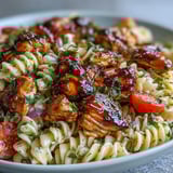 Creamy Honey BBQ Chicken Pasta Salad tossed with crisp veggies, served chilled in a white bowl.
