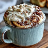 Freshly microwaved High-Protein Cinnamon Roll Mug Cake topped with creamy frosting and a visible cinnamon swirl, served ready to eat.