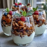 Mothers Day Brunch Yogurt Parfait Bar with Fresh Berries, featuring creamy yogurt, vibrant berries, and crunchy granola in colorful, layered glasses.