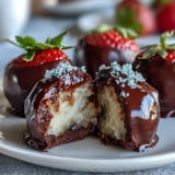 Dubai-style strawberry truffles with dark chocolate shell, elegantly dusted with crushed pistachios and rose petals, served on a decorative plate.