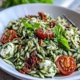 Vibrant orzo pasta tossed in basil pesto, topped with mozzarella and cherry tomatoes for a light meal.  
