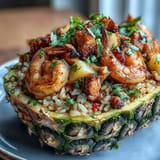 Golden pineapple fried rice mixed with jasmine rice, vegetables, and shrimp, beautifully presented in a pineapple boat.  