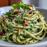 A vibrant, healthy pasta dish featuring a silky avocado-basil pesto, tossed with linguine and garnished with lemon zest and pine nuts.