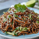 Cold soba noodle salad with a tangy sesame ginger dressing ready to enjoy.