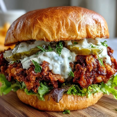 Crispy golden Spicy Chicken Sandwich stacked high on a buttery brioche bun with lettuce, pickles, and creamy homemade sauce.