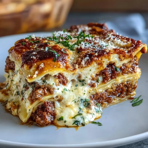 Golden, bubbly mozzarella tops a slice of Worlds Best Lasagna, revealing layers of rich meat sauce and creamy ricotta.