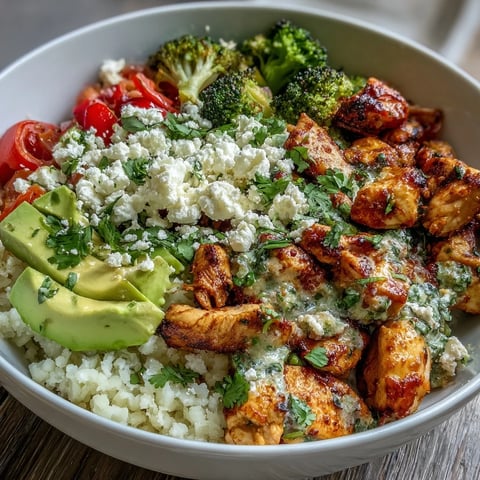 A vibrant Cauliflower Rice Bowl topped with juicy grilled chicken, avocado, and fresh cherry tomatoes.