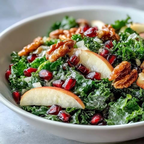 Freshly massaged kale, crisp apple slices, and ruby-red pomegranate seeds tossed in a zesty apple cider vinaigrette.