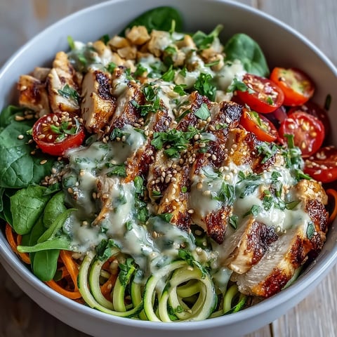 Spiralized Vegetable Bowl brimming with zucchini noodles, sweet potato, cherry tomatoes, and grilled chicken, drizzled with tahini sauce and topped with sesame seeds.