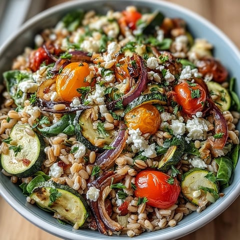 A vibrant Farro Pasta Bowl topped with crumbled feta and toasted pine nuts on a rustic wooden table.