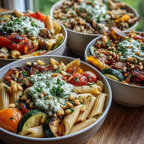 A vibrant Whole Wheat Pasta Bowl garnished with fresh parsley and toasted pine nuts, showcasing roasted vegetables and creamy sauce.
