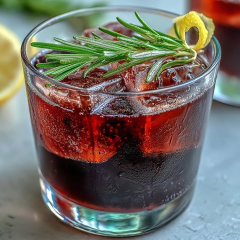 A chilled Black Currant Rosemary Cocktail rests in a rocks glass, garnished with a fresh rosemary sprig and a lemon twist.