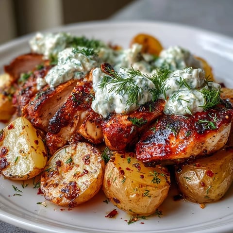 Juicy grilled Spicy Yogurt Marinated Chicken with Dill Feta Cream & Crispy Baby Potatoes is served on a plate, topped with creamy sauce.