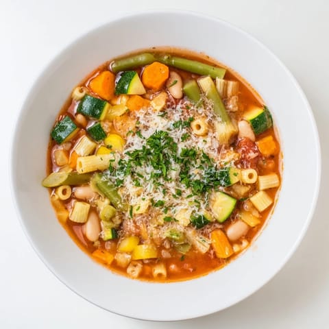 Vibrant image of a freshly made Simple One-Pot Minestrone Soup filled with colorful vegetables and pasta.